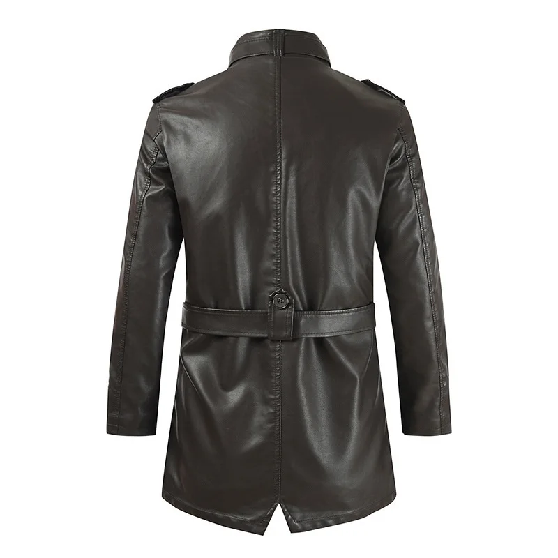 Autumn And Winter New Men's Medium And Long Leather Jacket Stand-up Collar Piled Thickened PU Leather Jacket thumbnail 4
