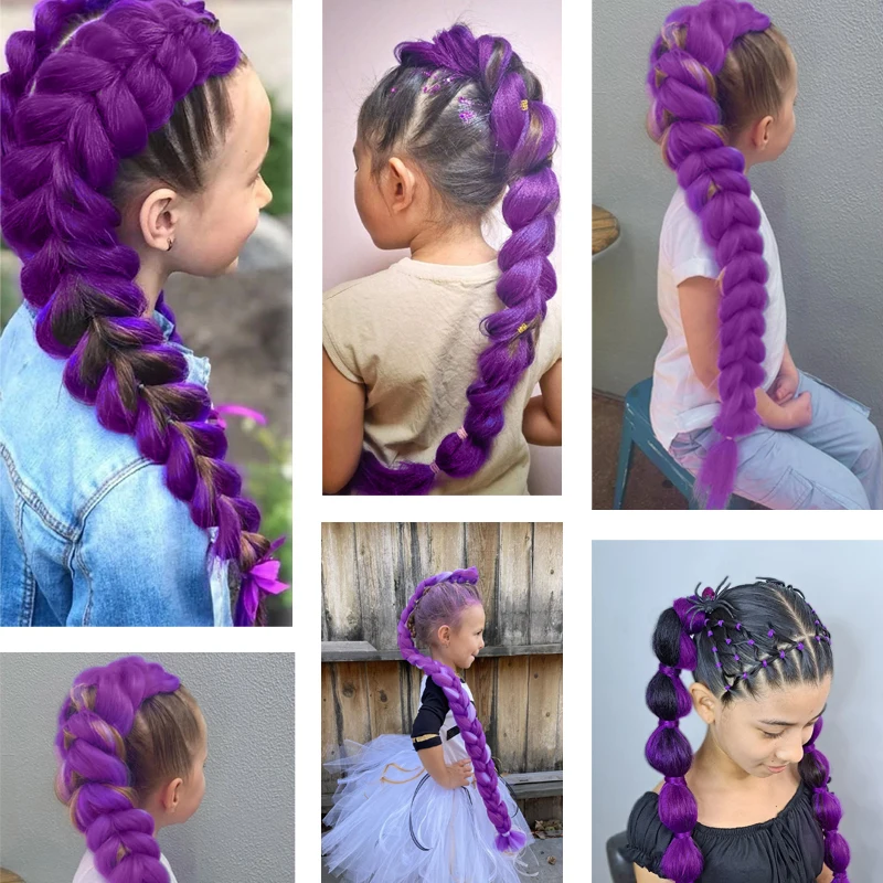 Purple Braiding Hair Extensions Hairpiece Synthetic 14inch Pre Stretched EZ Braids for Kids for Christmas&Festival Party Use thumbnail 5