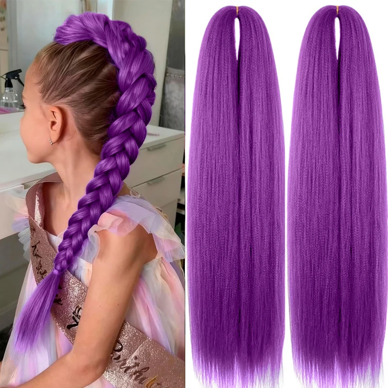 Purple Braiding Hair Extensions Hairpiece Synthetic 14inch Pre Stretched EZ Braids for Kids for Christmas&Festival Party Use