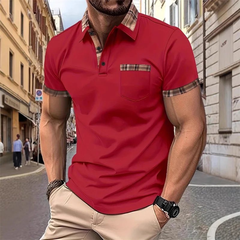 Men's plaid patchwork short-sleeved polo shirt, stylish collared pocket design, casual business slim fit, versatile men's top. thumbnail 5