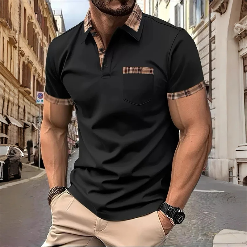 Men's plaid patchwork short-sleeved polo shirt, stylish collared pocket design, casual business slim fit, versatile men's top.