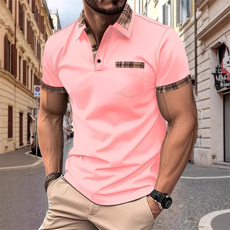 Men's plaid patchwork short-sleeved polo shirt, stylish collared pocket design, casual business slim fit, versatile men's top. thumbnail 4