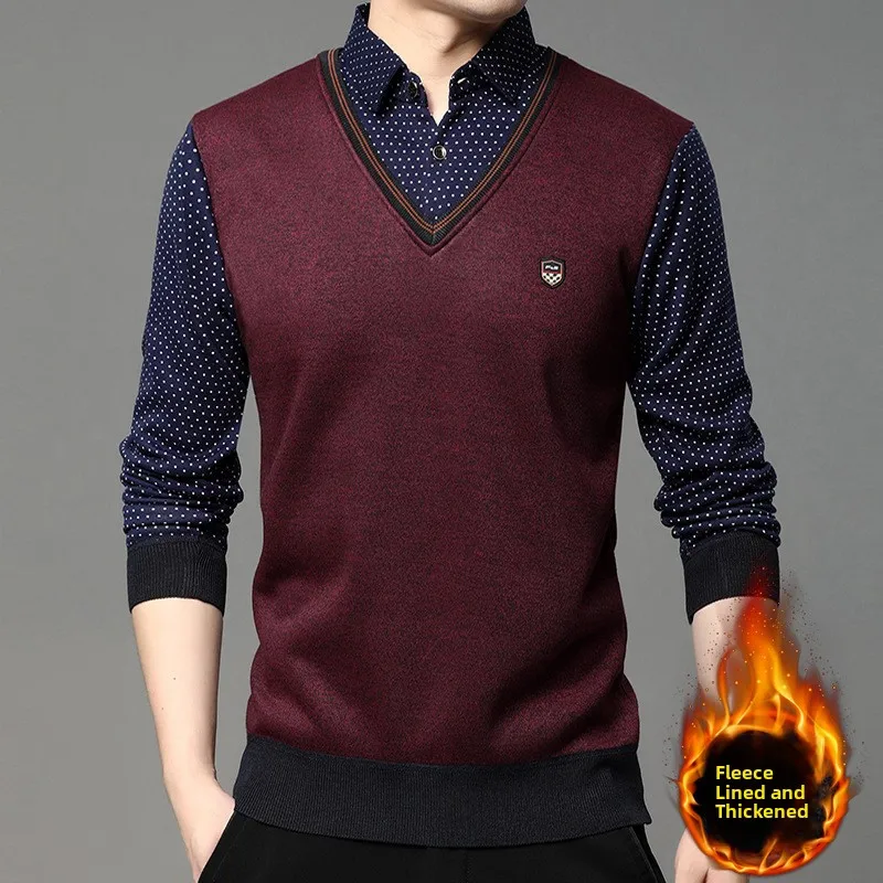 Men's Fashionable Knitted Sweater with Shirt Collar Splicing Base Layer Trendy Inner Wear Casual Long Sleeve Winter Clothes thumbnail 4