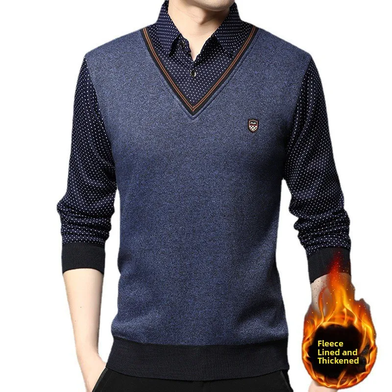 Men's Fashionable Knitted Sweater with Shirt Collar Splicing Base Layer Trendy Inner Wear Casual Long Sleeve Winter Clothes thumbnail 5