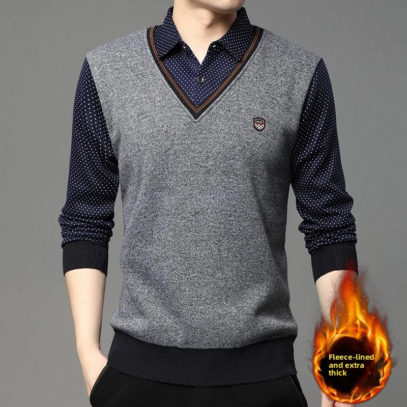 Men's Fashionable Knitted Sweater with Shirt Collar Splicing Base Layer Trendy Inner Wear Casual Long Sleeve Winter Clothes