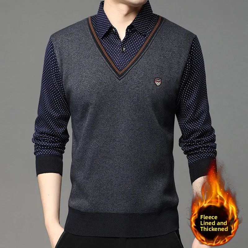 Men's Fashionable Knitted Sweater with Shirt Collar Splicing Base Layer Trendy Inner Wear Casual Long Sleeve Winter Clothes thumbnail 3