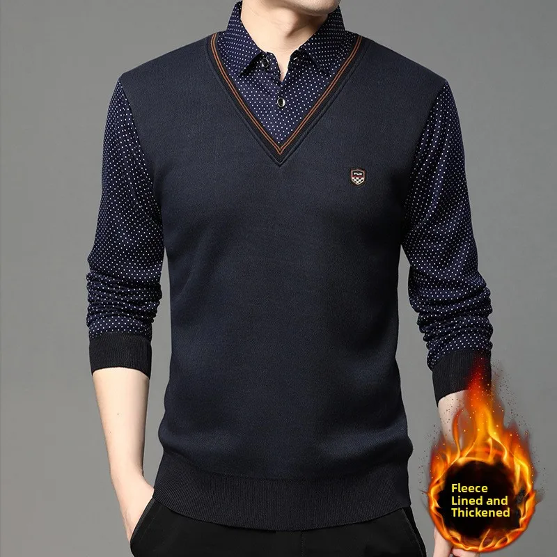Men's Fashionable Knitted Sweater with Shirt Collar Splicing Base Layer Trendy Inner Wear Casual Long Sleeve Winter Clothes thumbnail 2