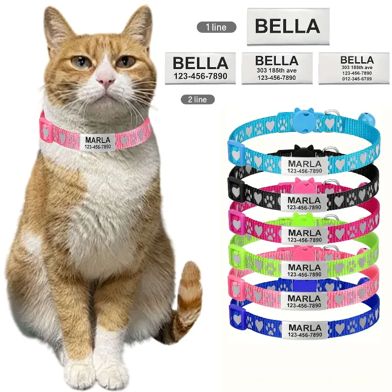 Reflective Heart Pattern Cat Collar Custom Engraved ID Personalized with Bell Puppy Pet Breakaway Necklace Accessories Nameplate