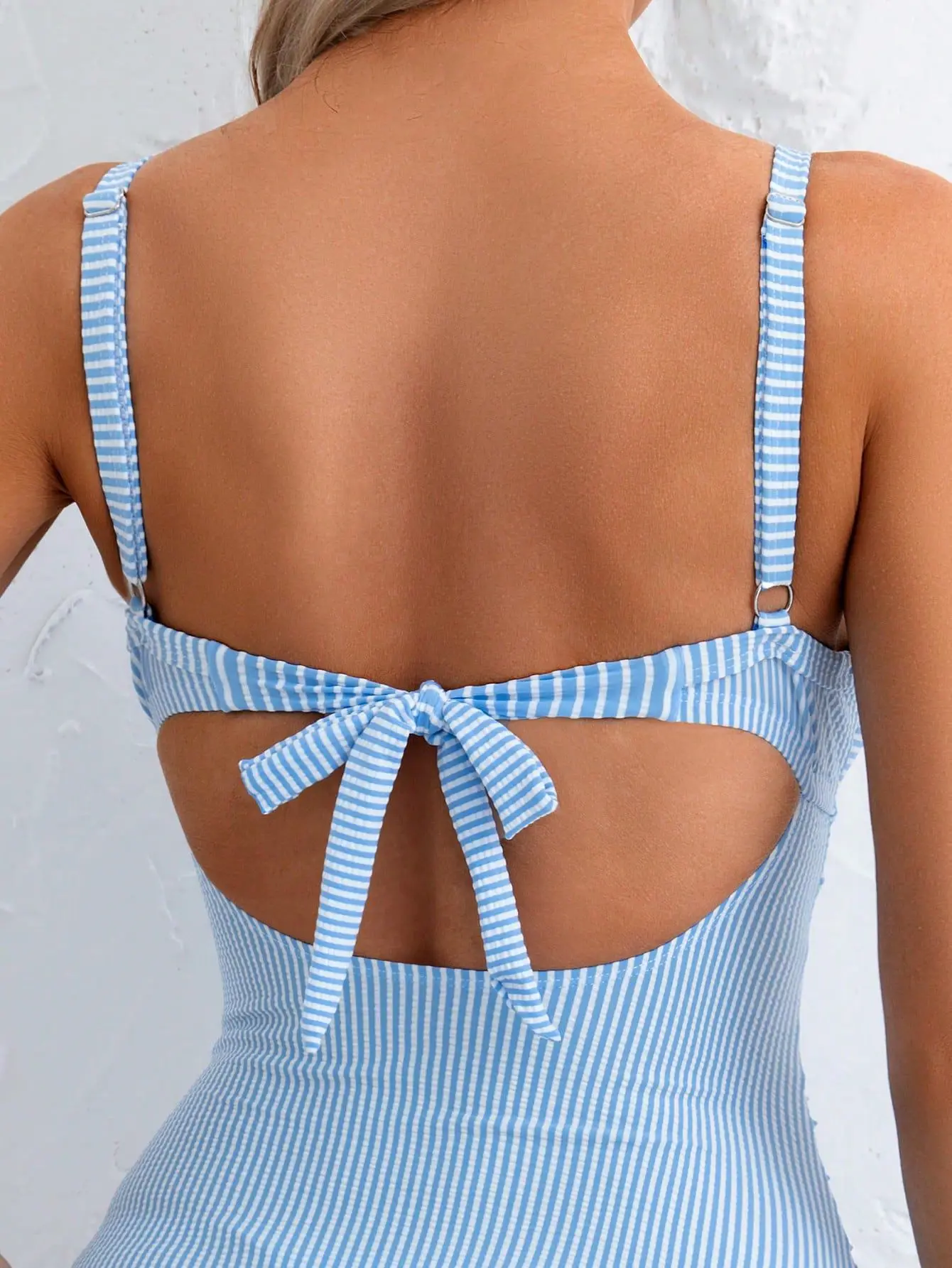 Vintage Sky Blue Striped One Piece Swimsuit 2026 Women Hollow Out Cross Slim Tummy Control Swimwear Beach Holiday Bathing Suit thumbnail 5