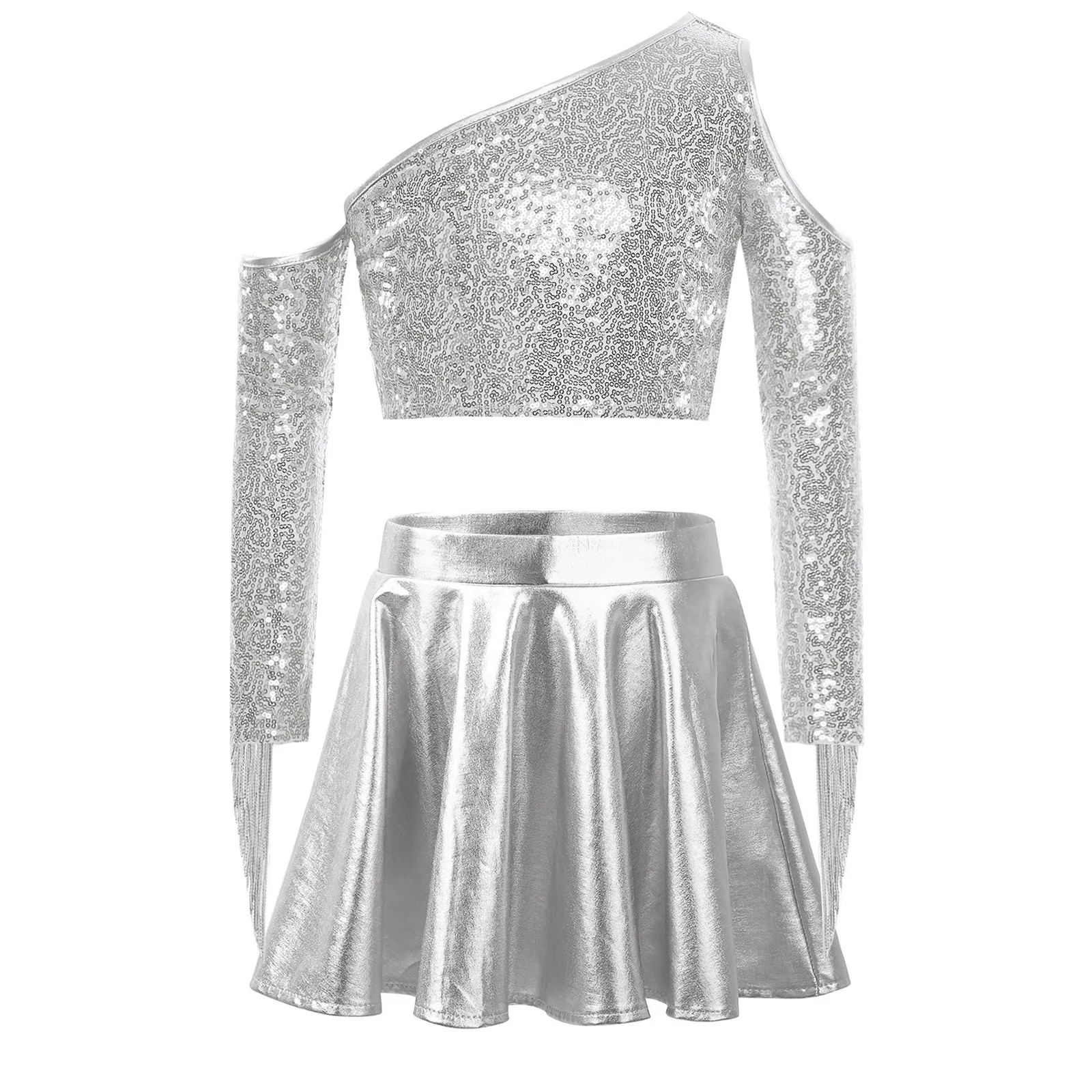 Kids Girls Shiny Hip Hop Jazz Street Dance Outfit Long Sleeve Tassel Sequin Crop Top with Culottes for Cheerleading Performance thumbnail 3