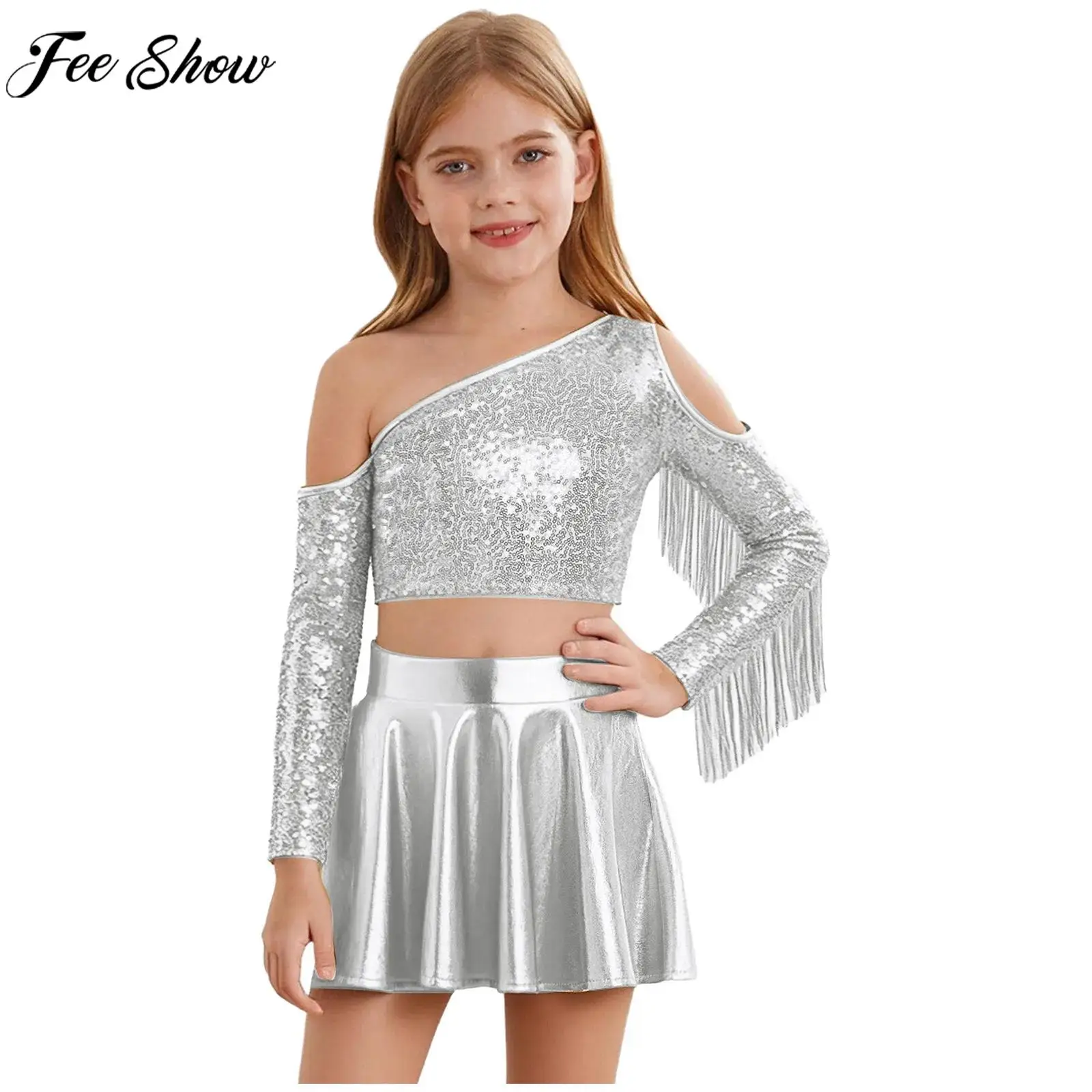 Kids Girls Shiny Hip Hop Jazz Street Dance Outfit Long Sleeve Tassel Sequin Crop Top with Culottes for Cheerleading Performance