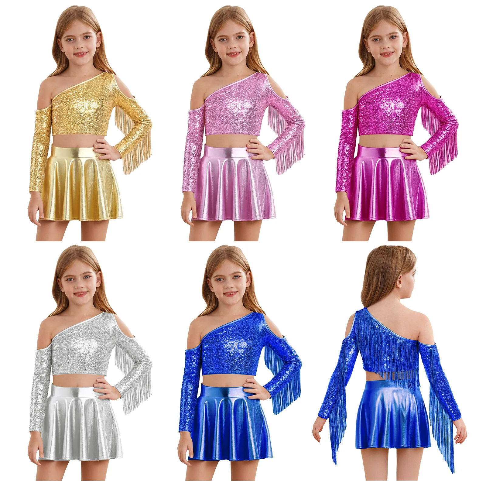 Kids Girls Shiny Hip Hop Jazz Street Dance Outfit Long Sleeve Tassel Sequin Crop Top with Culottes for Cheerleading Performance thumbnail 4
