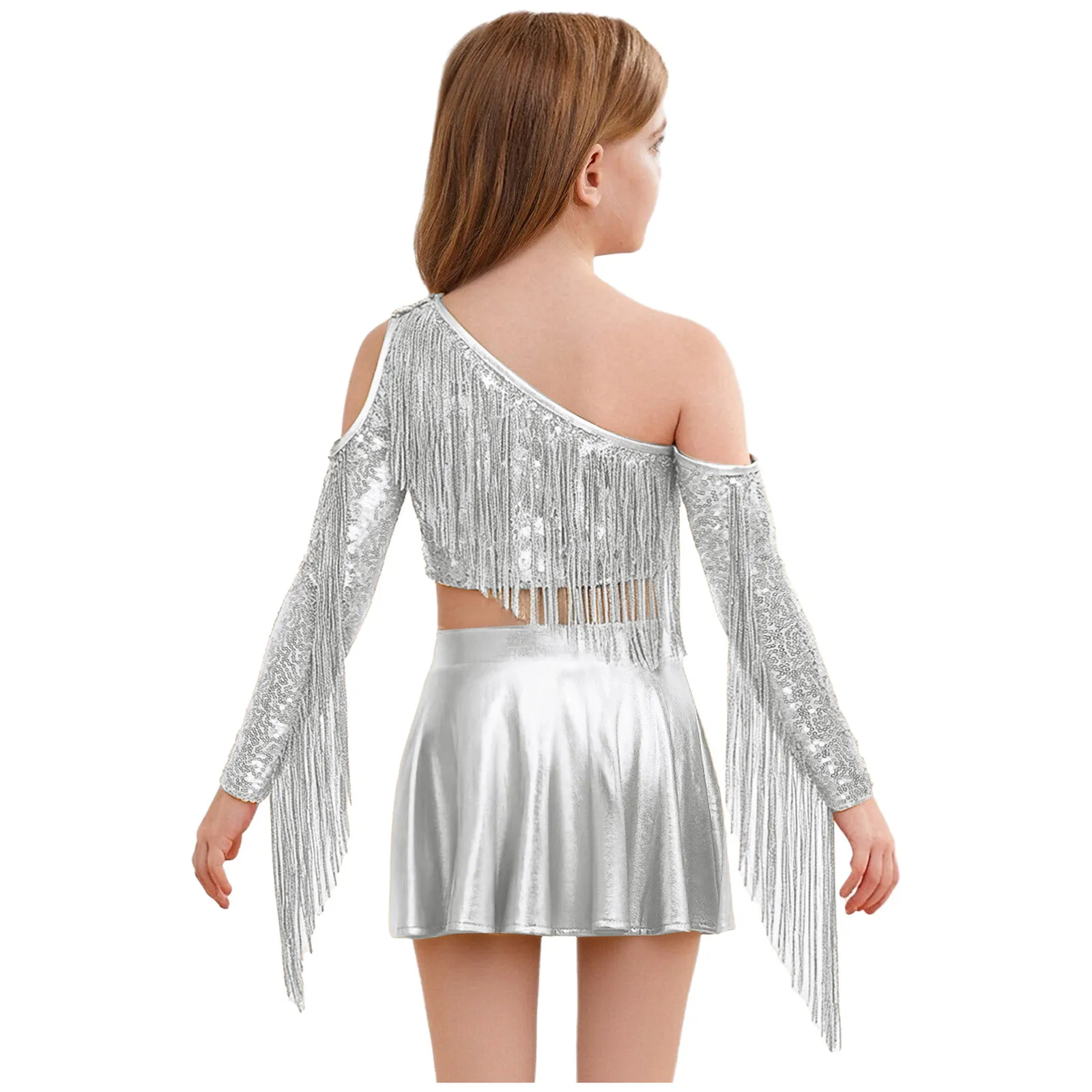 Kids Girls Shiny Hip Hop Jazz Street Dance Outfit Long Sleeve Tassel Sequin Crop Top with Culottes for Cheerleading Performance thumbnail 2