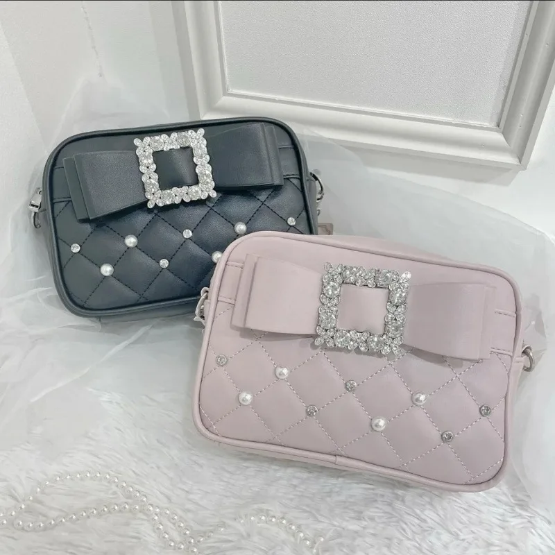 Sweet Knot Pearl Oulder Crossbody Bag Diamond Id Pattern Small Square Bag Faionable for Young Women Pearl Shoulder Rhinestones thumbnail 5