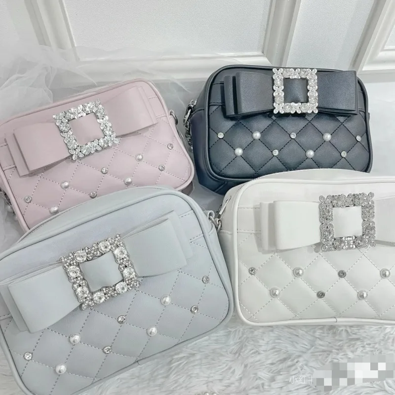Sweet Knot Pearl Oulder Crossbody Bag Diamond Id Pattern Small Square Bag Faionable for Young Women Pearl Shoulder Rhinestones thumbnail 3
