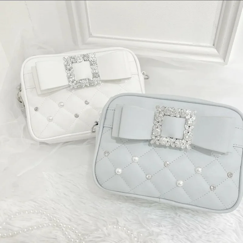 Sweet Knot Pearl Oulder Crossbody Bag Diamond Id Pattern Small Square Bag Faionable for Young Women Pearl Shoulder Rhinestones thumbnail 2