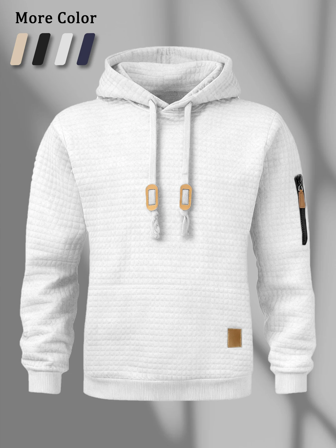 New Autumn Men's Hoodie Waffle Pattern Long Sleeve Sweatshirt Solid Color Casual Warm Pullover Outdoor Sportswear Men's Clothing thumbnail 3