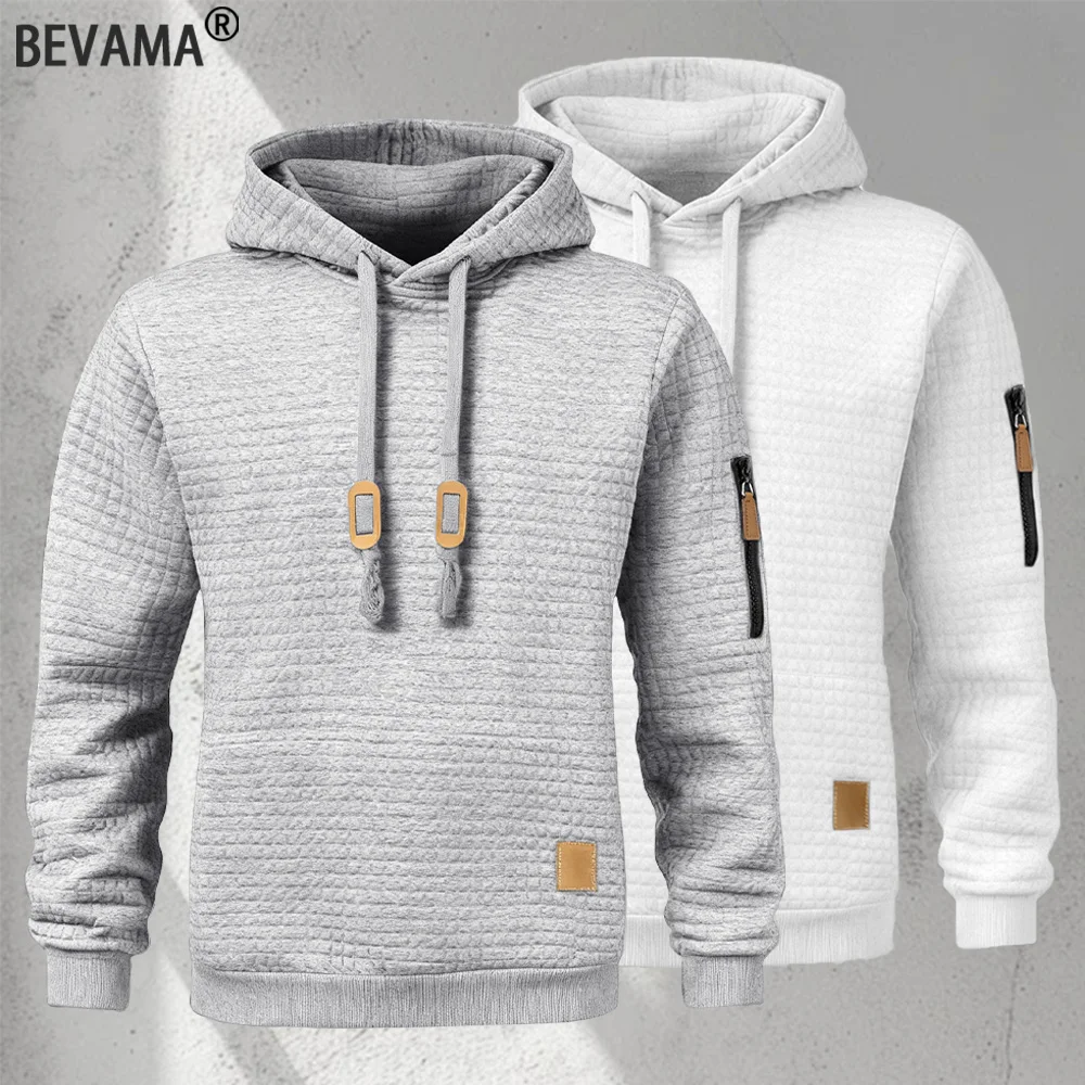 New Autumn Men's Hoodie Waffle Pattern Long Sleeve Sweatshirt Solid Color Casual Warm Pullover Outdoor Sportswear Men's Clothing