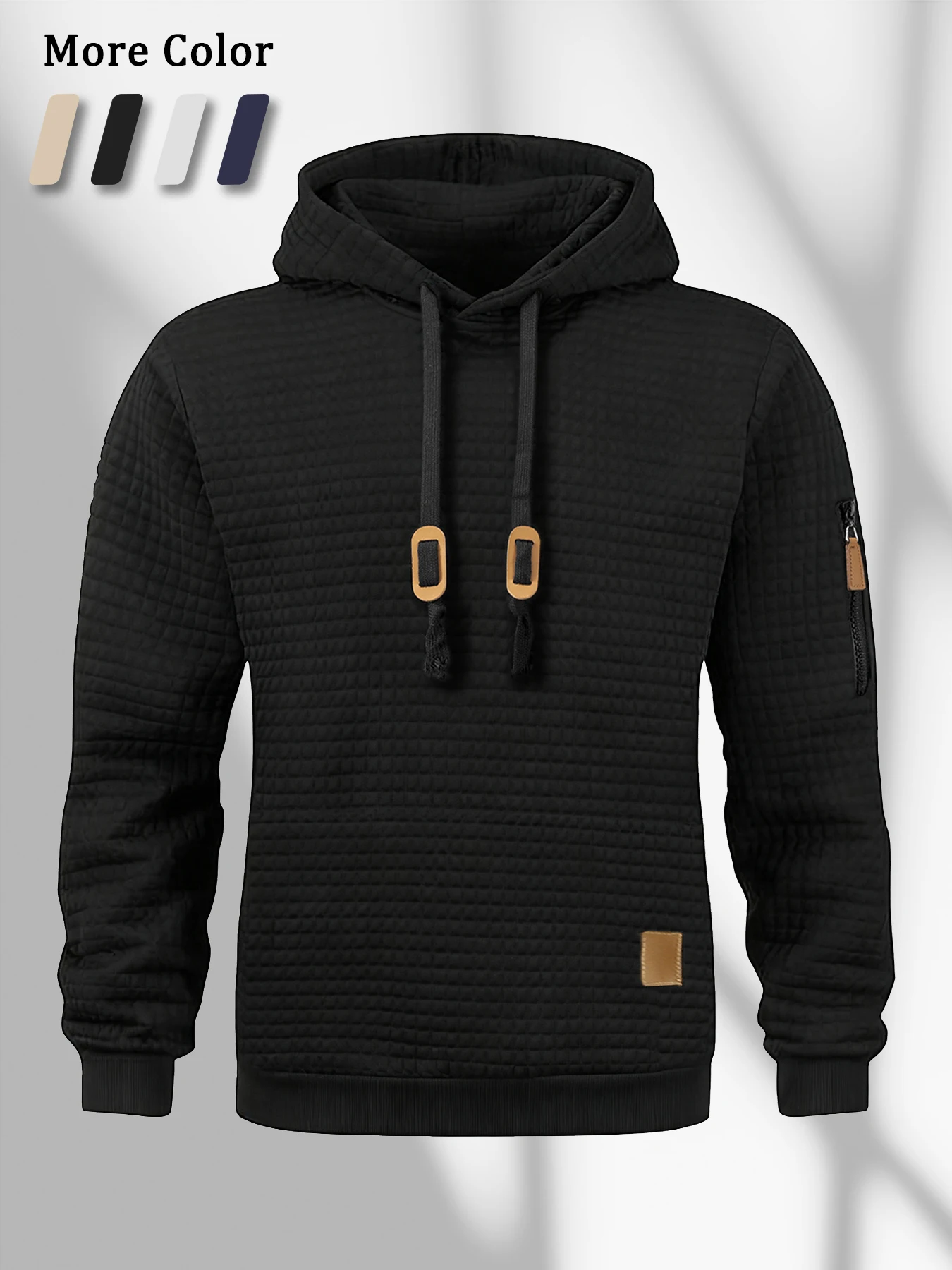 New Autumn Men's Hoodie Waffle Pattern Long Sleeve Sweatshirt Solid Color Casual Warm Pullover Outdoor Sportswear Men's Clothing thumbnail 5