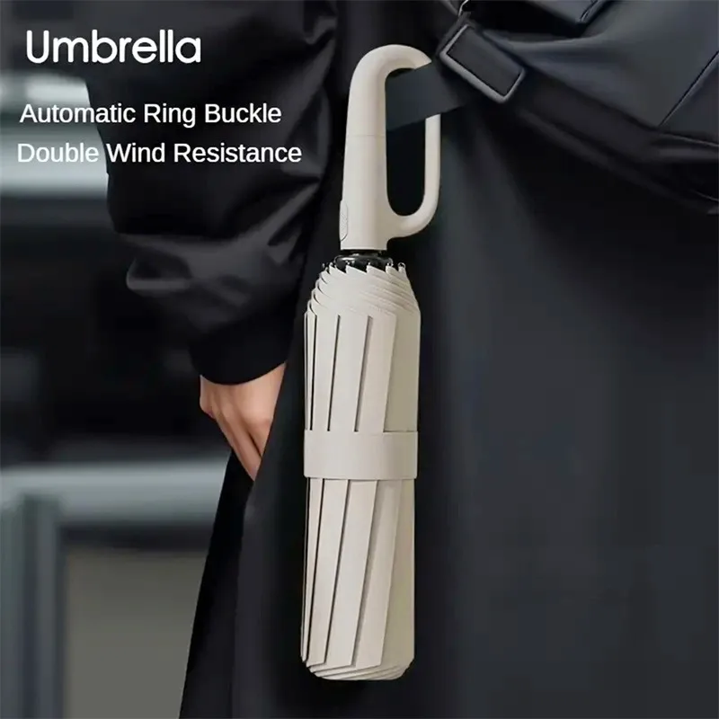 Strong Windproof Automatic Umbrella Sunshade UV Protection Folding Men's Umbrella Buckle Rain Large Parasol for Women thumbnail 3