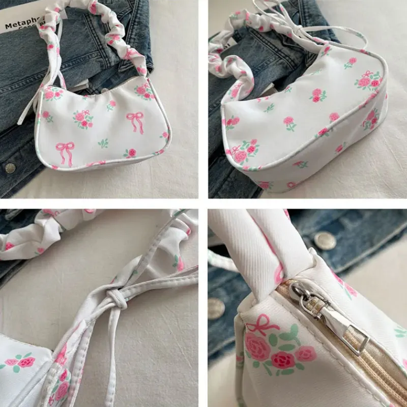 Women's Underarm Bag Canvas Pleated Handlebags Armpit Purse FloralBow Printed Zipper Strap Zipper Closure Chic Hobo Bag thumbnail 5