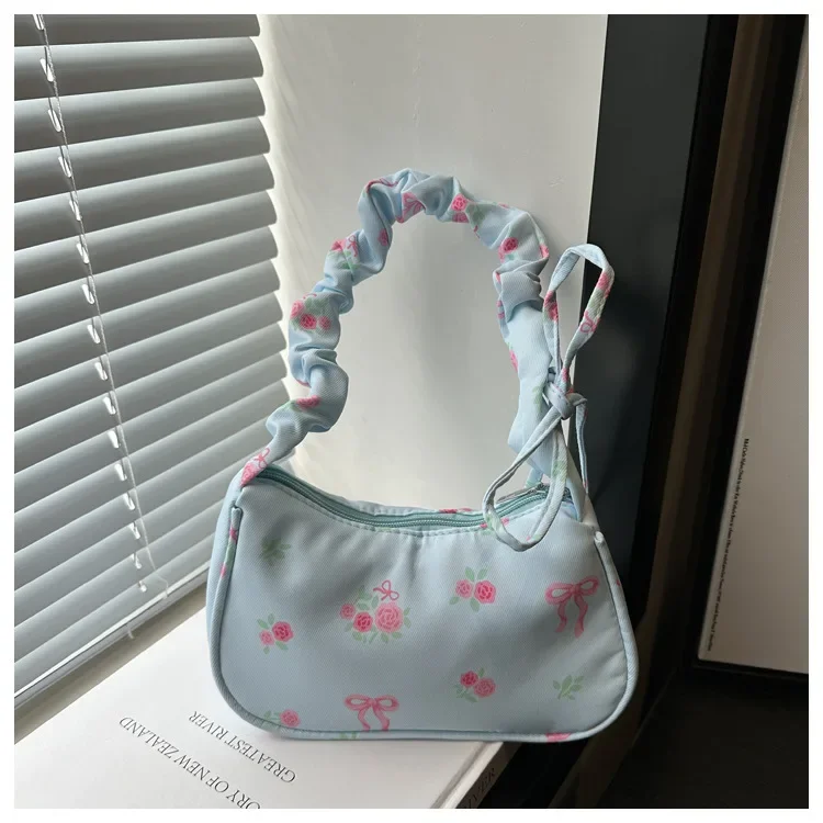 Women's Underarm Bag Canvas Pleated Handlebags Armpit Purse FloralBow Printed Zipper Strap Zipper Closure Chic Hobo Bag thumbnail 3