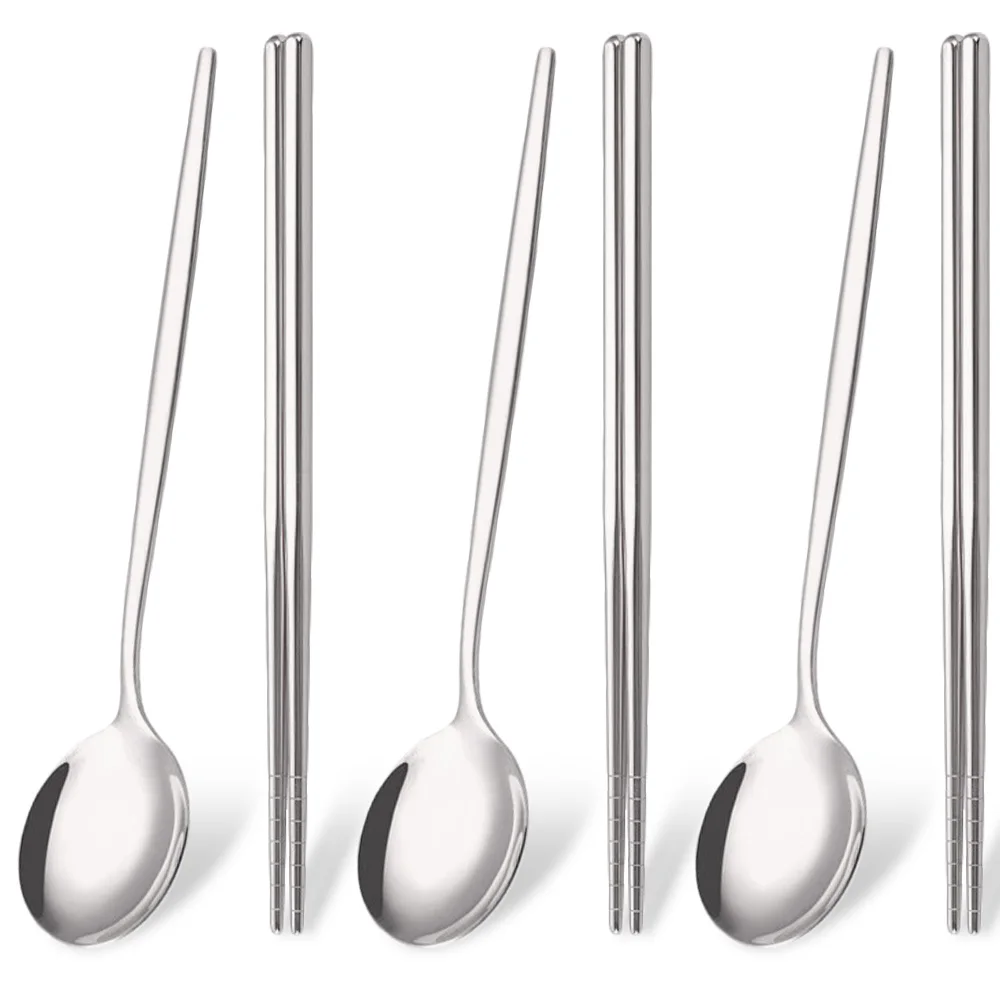 6Pcs Korean Dinnerware Set High Quality Stainless Steel Flatware Set Mirror Silver Dinner Spoon Chopsticks Tableware Cutlery Set