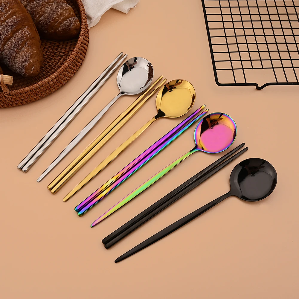 6Pcs Korean Dinnerware Set High Quality Stainless Steel Flatware Set Mirror Silver Dinner Spoon Chopsticks Tableware Cutlery Set thumbnail 2
