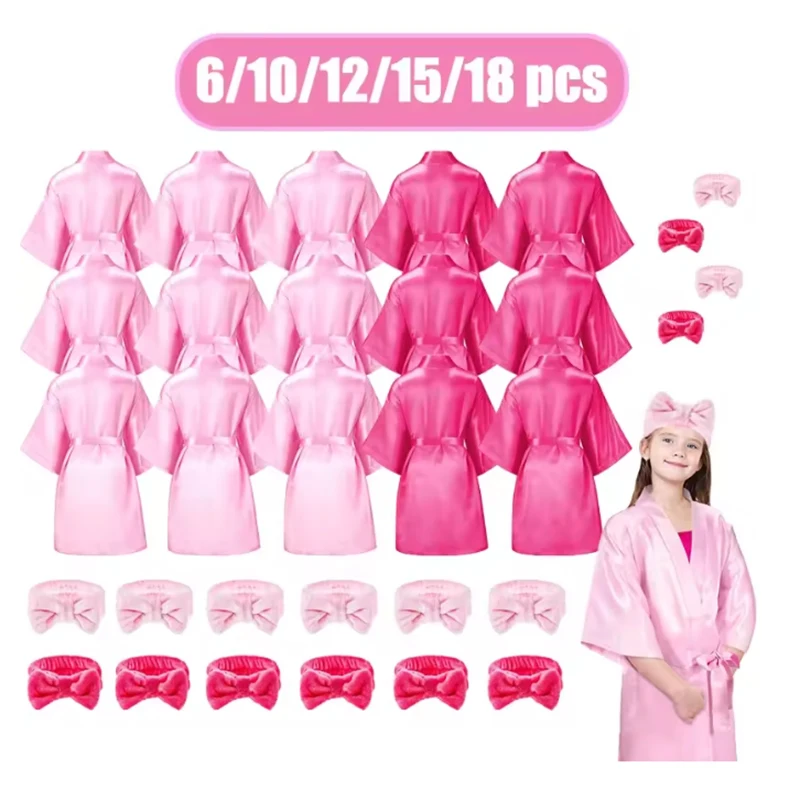 6-18Pcs Spa Party Robes for Girls Kids Birthday Kimono Satin Robe Slumber Party Sleepover Pajamas Party Gowns Pink Party Favors