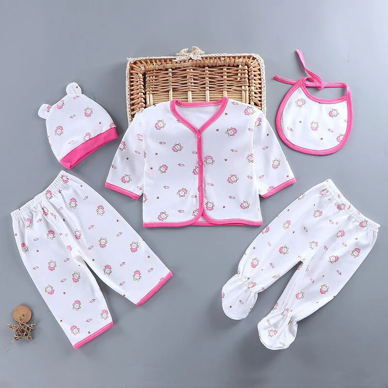 5Pcs/Set Newborn Baby Girl Clothes Set Cotton Soft Underwear Infant Boy Outfit Children Girl Top+2Pant+Bib+Hat Toddler Clothing thumbnail 5
