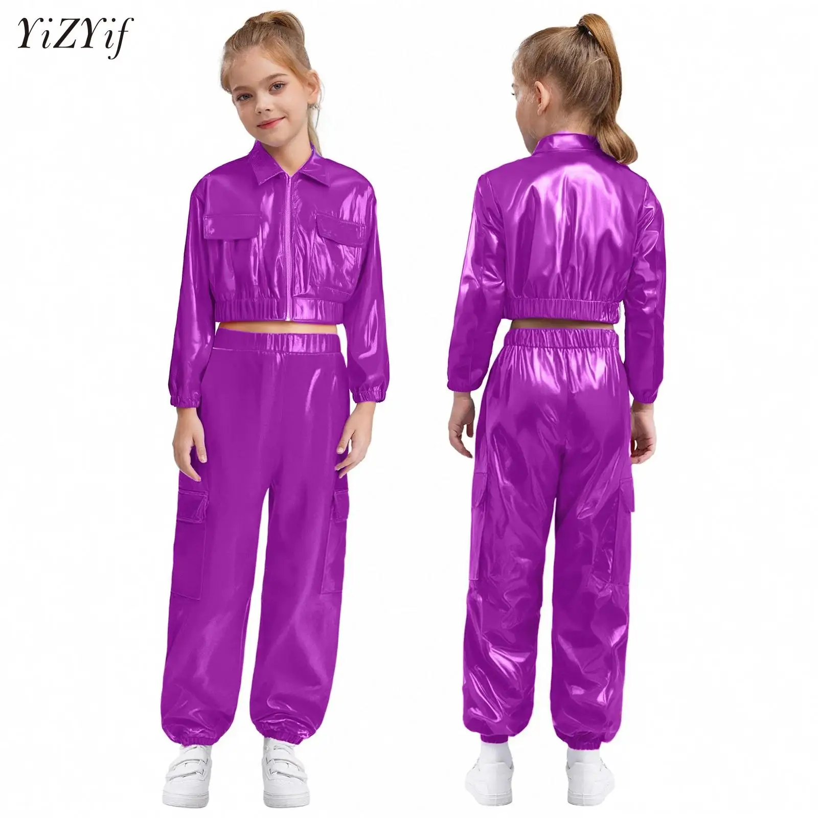 Kids Jazz Street Dance Costume Fashion Cool Bright Metallic Clothes Set Boys Girls Hip Hop Jacket Tops Pants Runways Show Outfit