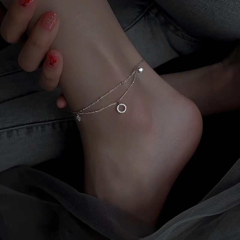 New 925 Sterling Silver Circle Anklet Personalized Charm Geometric Shape Anklet Birthday Gift for Women Exquisite Jewelry thumbnail 4