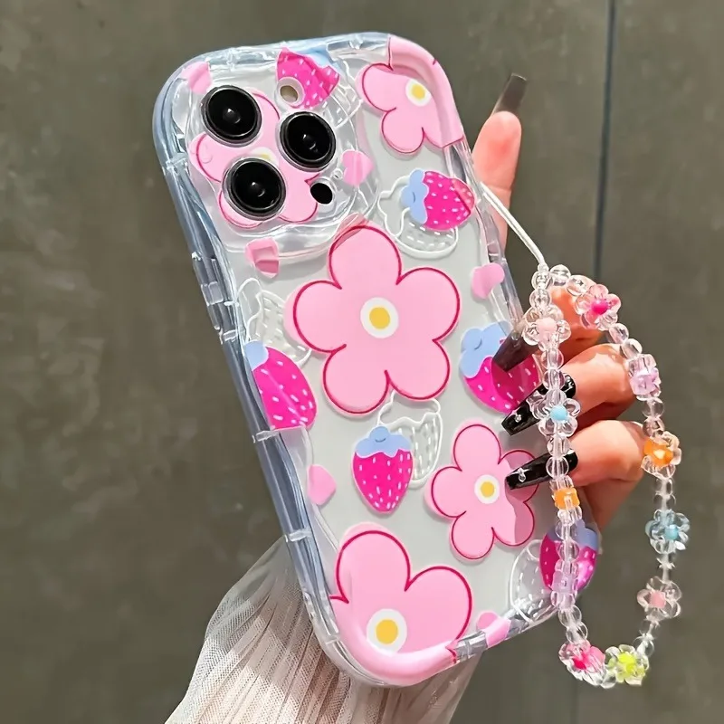 Fashionable Strawberry Flower With Lanyard Pattern For iPhone 17 16 Pro 15 14 13 12 11 Pro Max 16e 17Air X XR XS 7 8 Plus Cover