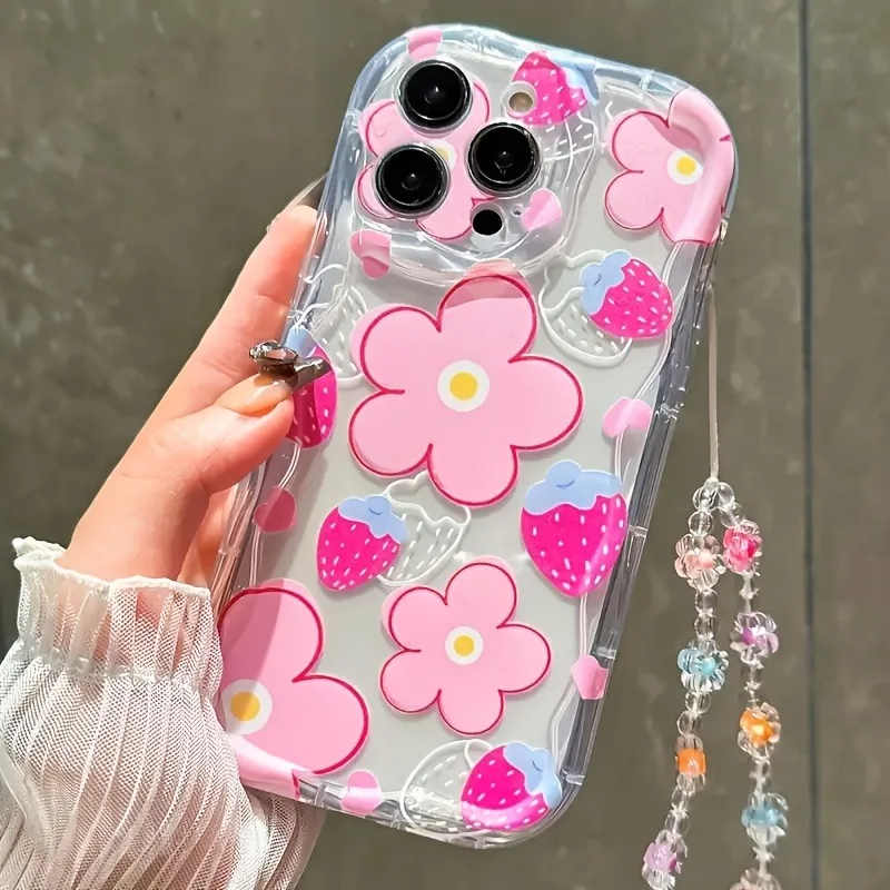 Fashionable Strawberry Flower With Lanyard Pattern For iPhone 17 16 Pro 15 14 13 12 11 Pro Max 16e 17Air X XR XS 7 8 Plus Cover thumbnail 3