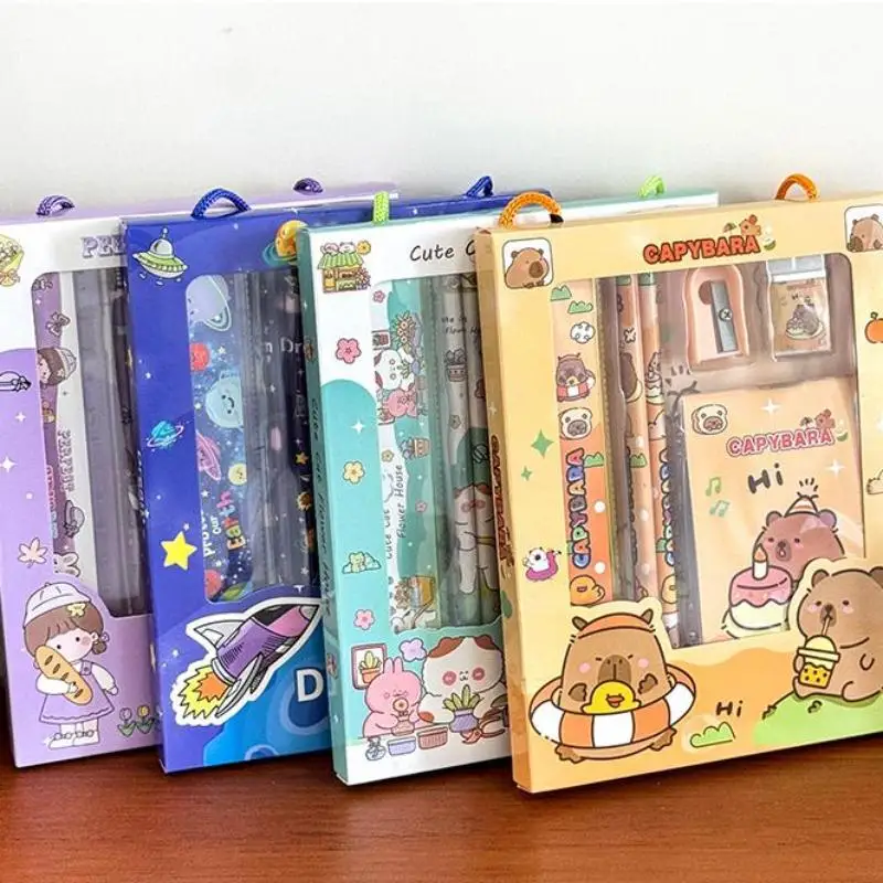 6Pcs/Set Cute Cartoon Capybara Pencil Stationery Set Kawaii Eraser Pencil Sharpener Children Student Stationery Supplies thumbnail 5