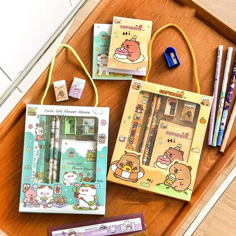 6Pcs/Set Cute Cartoon Capybara Pencil Stationery Set Kawaii Eraser Pencil Sharpener Children Student Stationery Supplies thumbnail 2