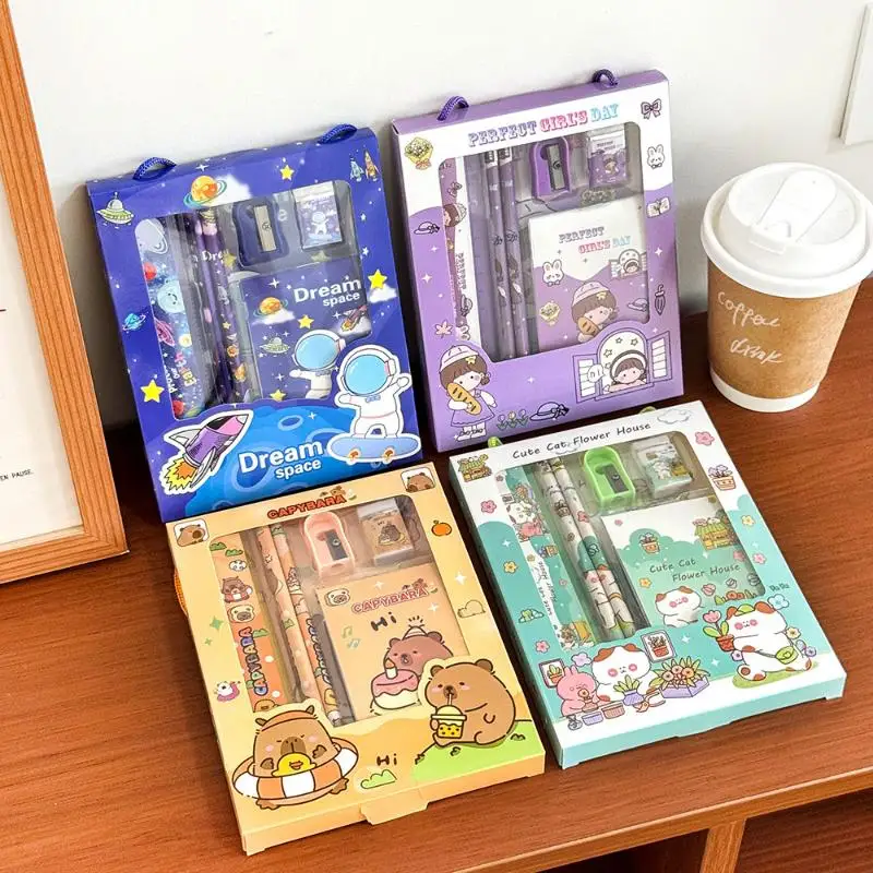 6Pcs/Set Cute Cartoon Capybara Pencil Stationery Set Kawaii Eraser Pencil Sharpener Children Student Stationery Supplies thumbnail 3