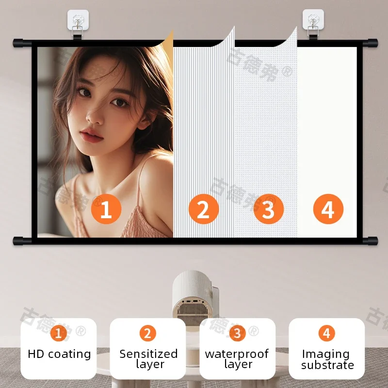 XMJM 60/72/84/100/120inch Thick HD Projector Screen 16:9 No-hole Wall-mounted Home Projection Screen