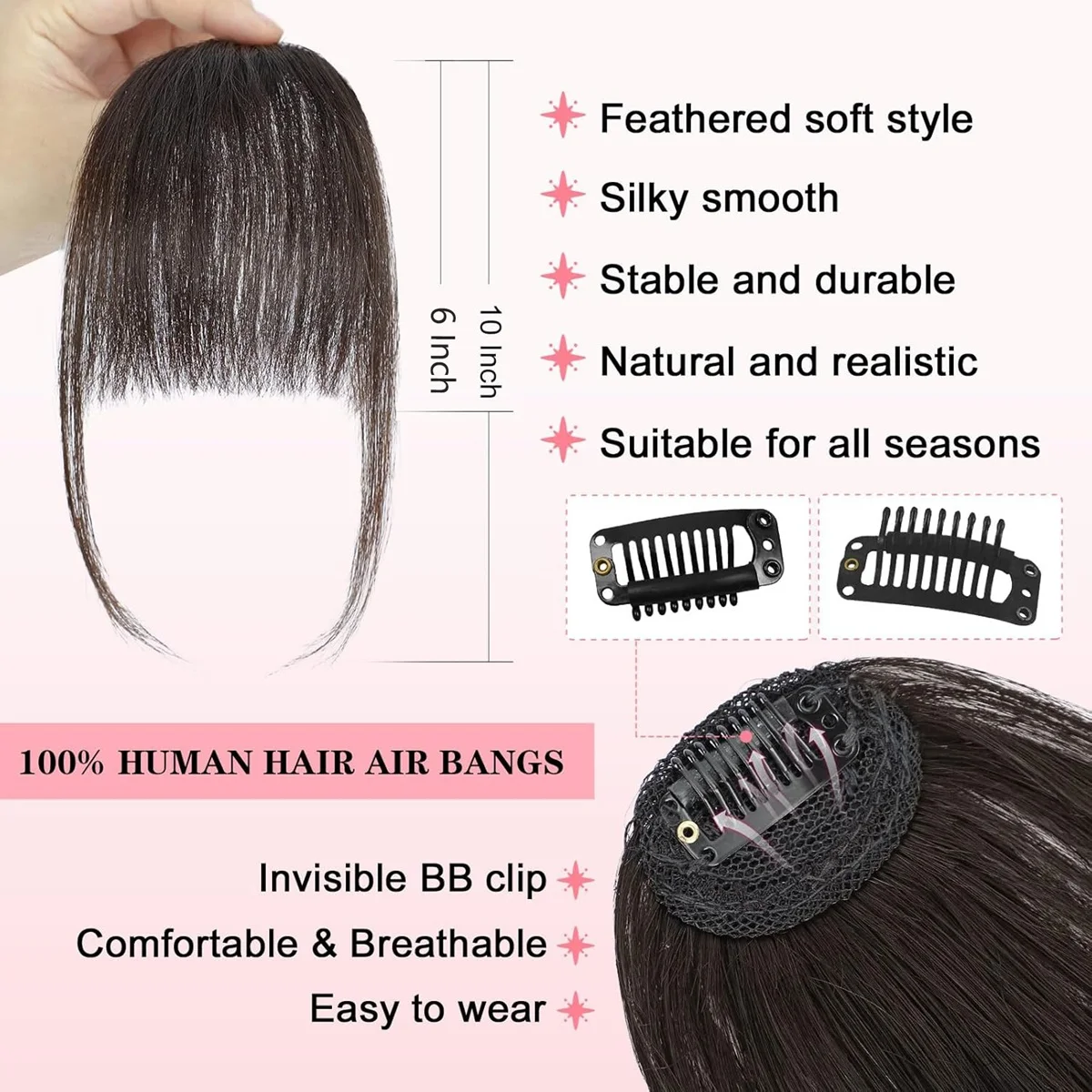 Wispy French Human Hair Bangs Clip on Light Air Bangs for Women Daily Use Black,Brown,Burg,Blond Color Bangs Hair Extensions thumbnail 3