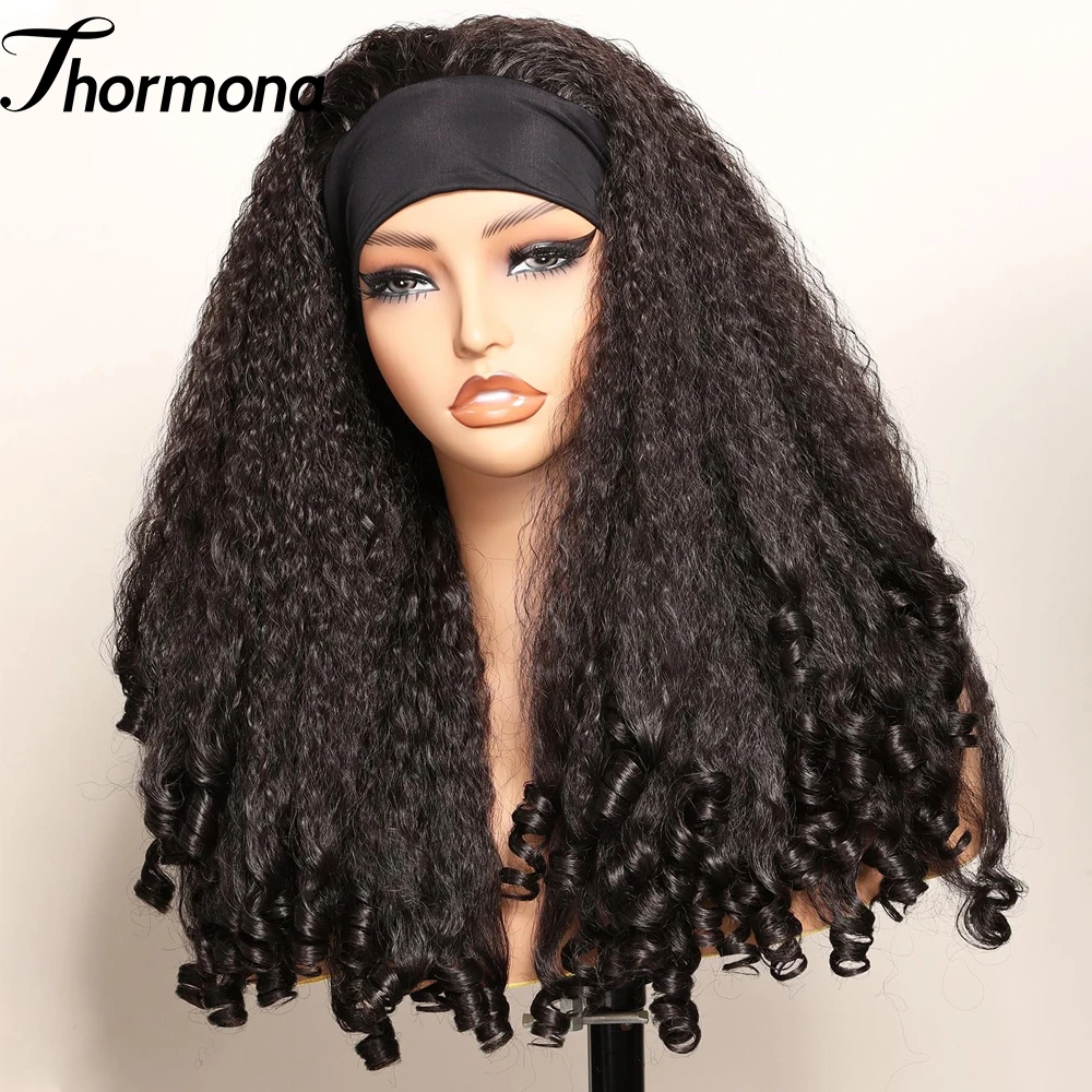 Yaki Headband Afro Curly Wigs Synthetic Kinky Straight with Curly Ends Glueless No Leave Out Clip in Half Yaki Straight Wigs
