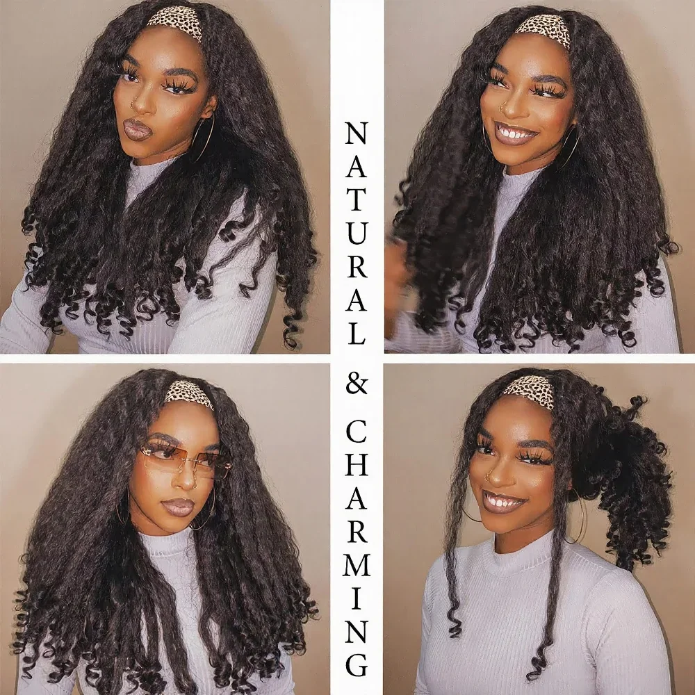 Yaki Headband Afro Curly Wigs Synthetic Kinky Straight with Curly Ends Glueless No Leave Out Clip in Half Yaki Straight Wigs thumbnail 4