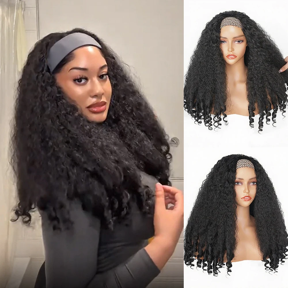 Yaki Headband Afro Curly Wigs Synthetic Kinky Straight with Curly Ends Glueless No Leave Out Clip in Half Yaki Straight Wigs thumbnail 3