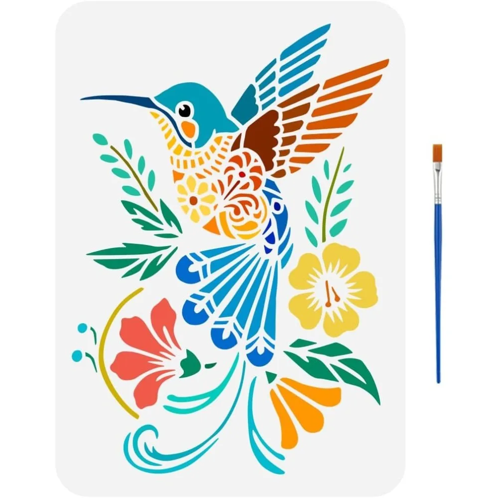 Hummingbird Painting Stencil with Brush 8.3x11.7inch Flowers Hummingbird Template Reusable Plastic Stencil for DIY Decoration