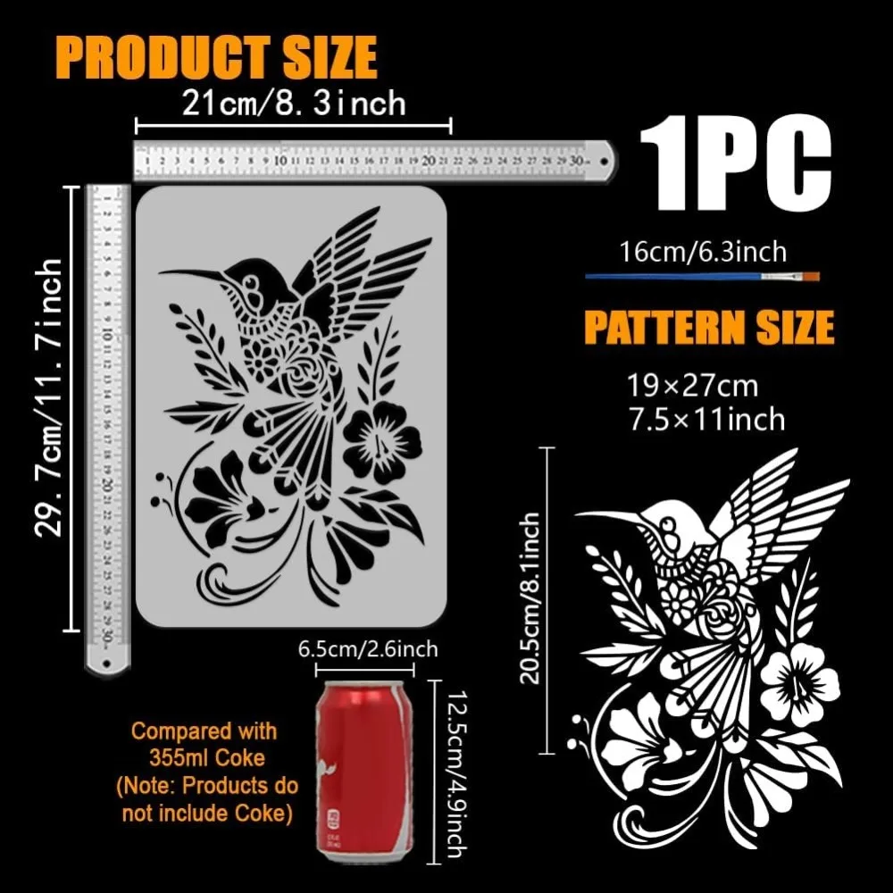 Hummingbird Painting Stencil with Brush 8.3x11.7inch Flowers Hummingbird Template Reusable Plastic Stencil for DIY Decoration thumbnail 2