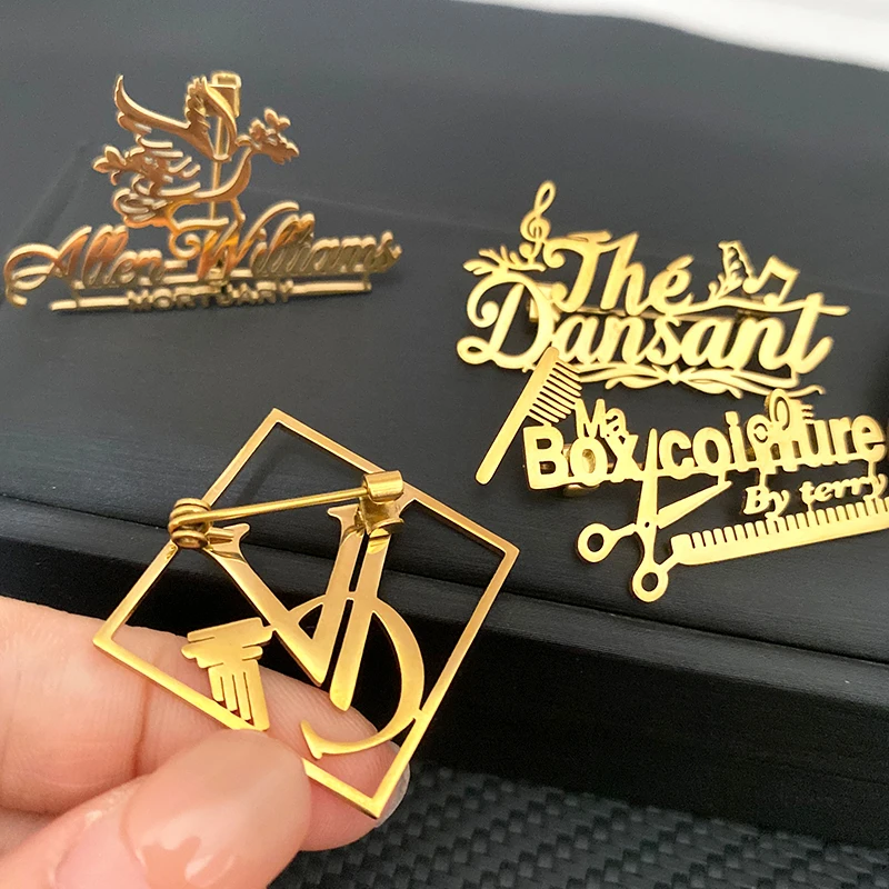 Custom Logo Brooch Pins Custom Company Club Apartment Hair Salon Logo Stainless Steel Metal Badge Jewelry Personal Design Gift thumbnail 2