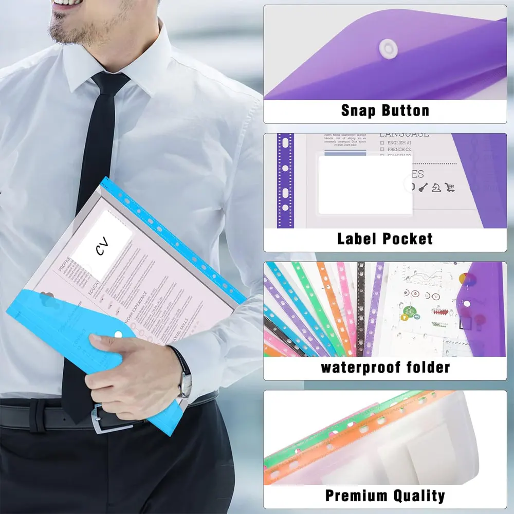 12pcs six-color file organizer, 11-hole plastic expanding folder for 2/3/4 ring binders with snap closures and blank labels. thumbnail 4