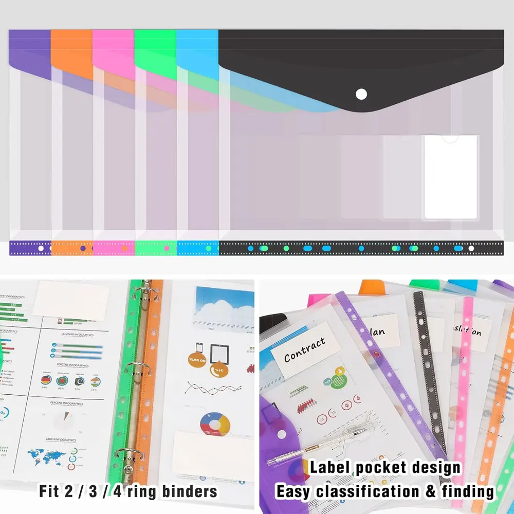 12pcs six-color file organizer, 11-hole plastic expanding folder for 2/3/4 ring binders with snap closures and blank labels. thumbnail 5