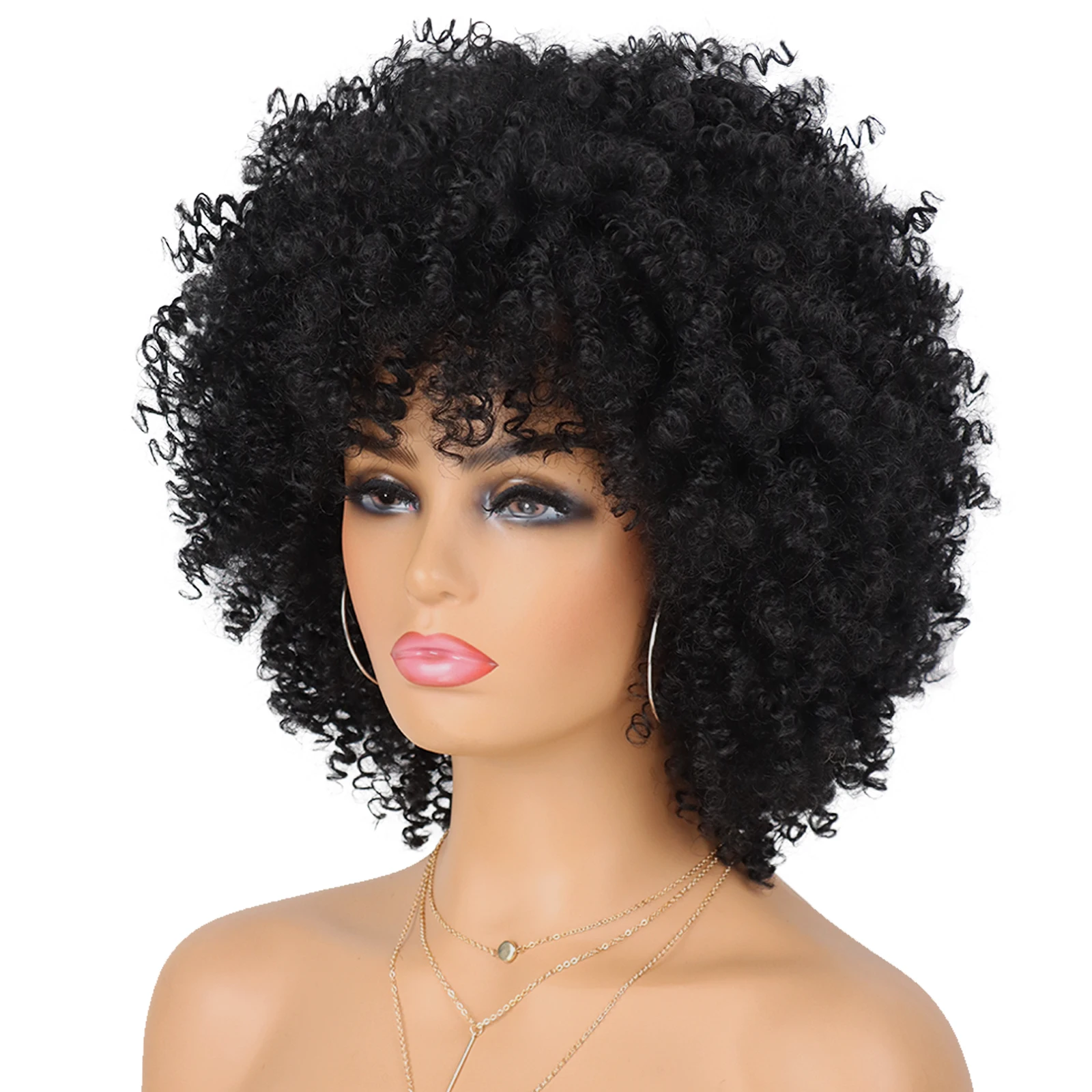 Synthetic Afro Short Kinky Curly Wigs with Bangs 12 Inches for Black Women Natural Glueless Heat Resistant For Daily Party thumbnail 3