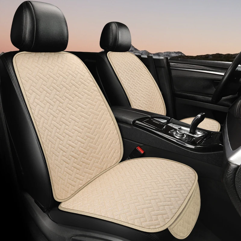 Four season universal linen woven pattern car seat cushion anti slip and wear-resistant single seat three piece set, single piec thumbnail 3