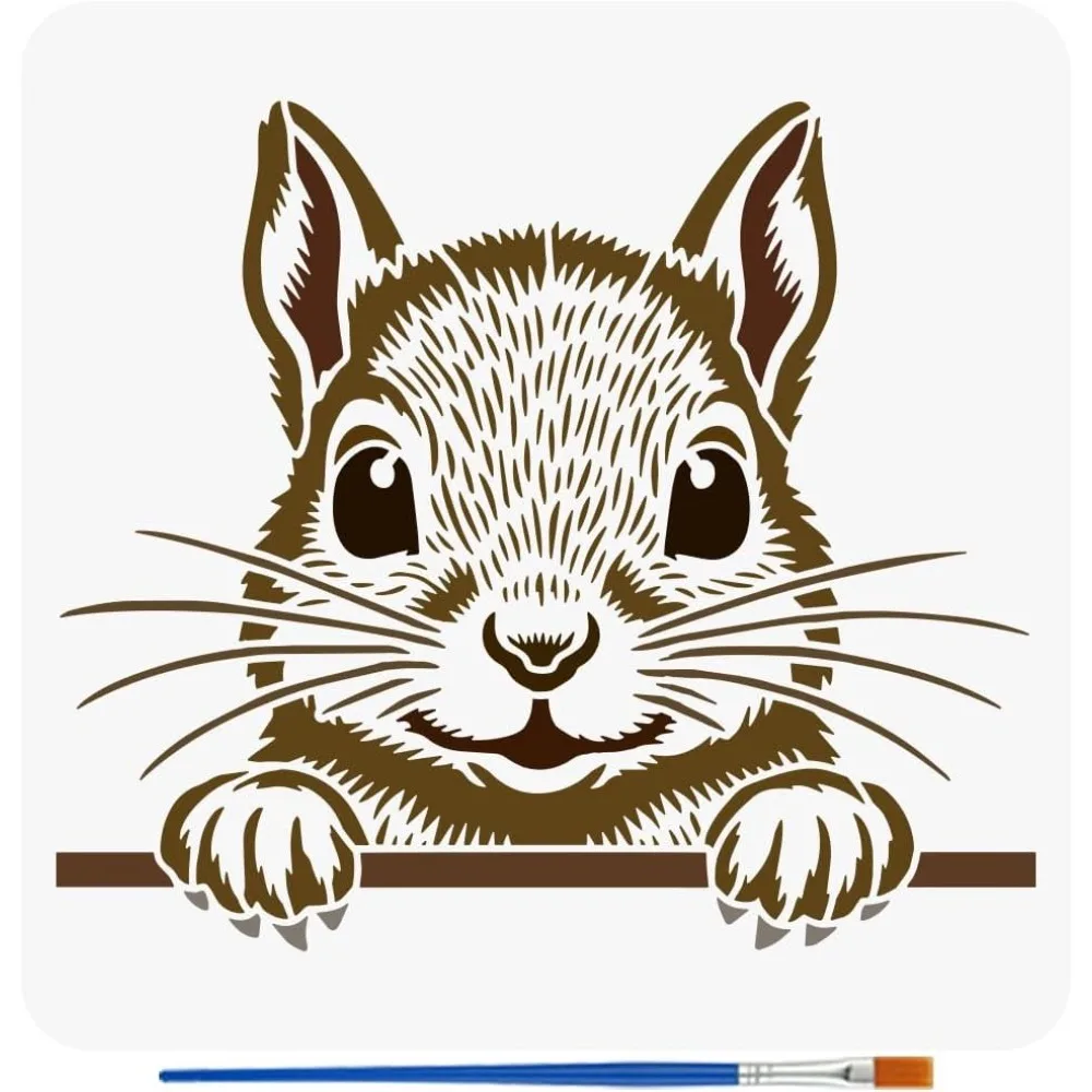 Squirrel Peeping Painting Stencil with a 16cm Paint Brush 11.8x11.8inch Reusable Plastic Stencil DIY Craft Template for Painting